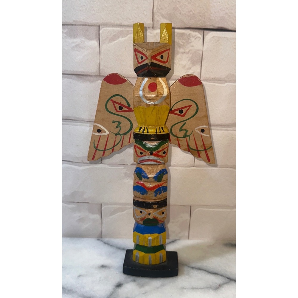 Vintage Hand Painted Wood Totem Pole Japan Souvenir Thunderbird Jolly 8 Inch